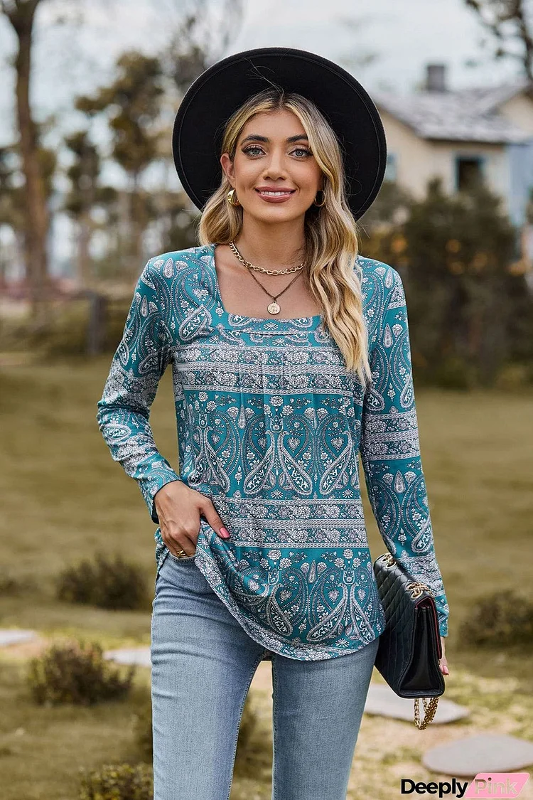 Printed Square Neck Long Sleeve Blouse