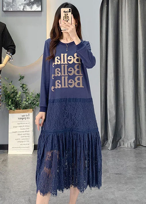 Women Blue Lace Patchwork Cotton Dress Spring