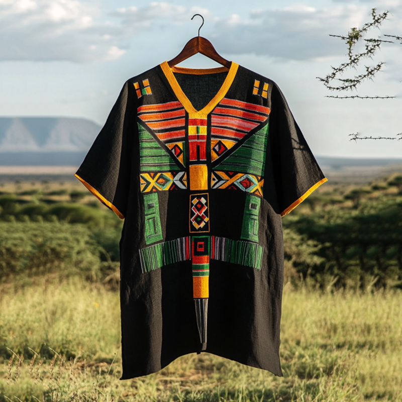 Men's Tribal Geometric Black Pride Juneteenth Art Print Linen T-shirt