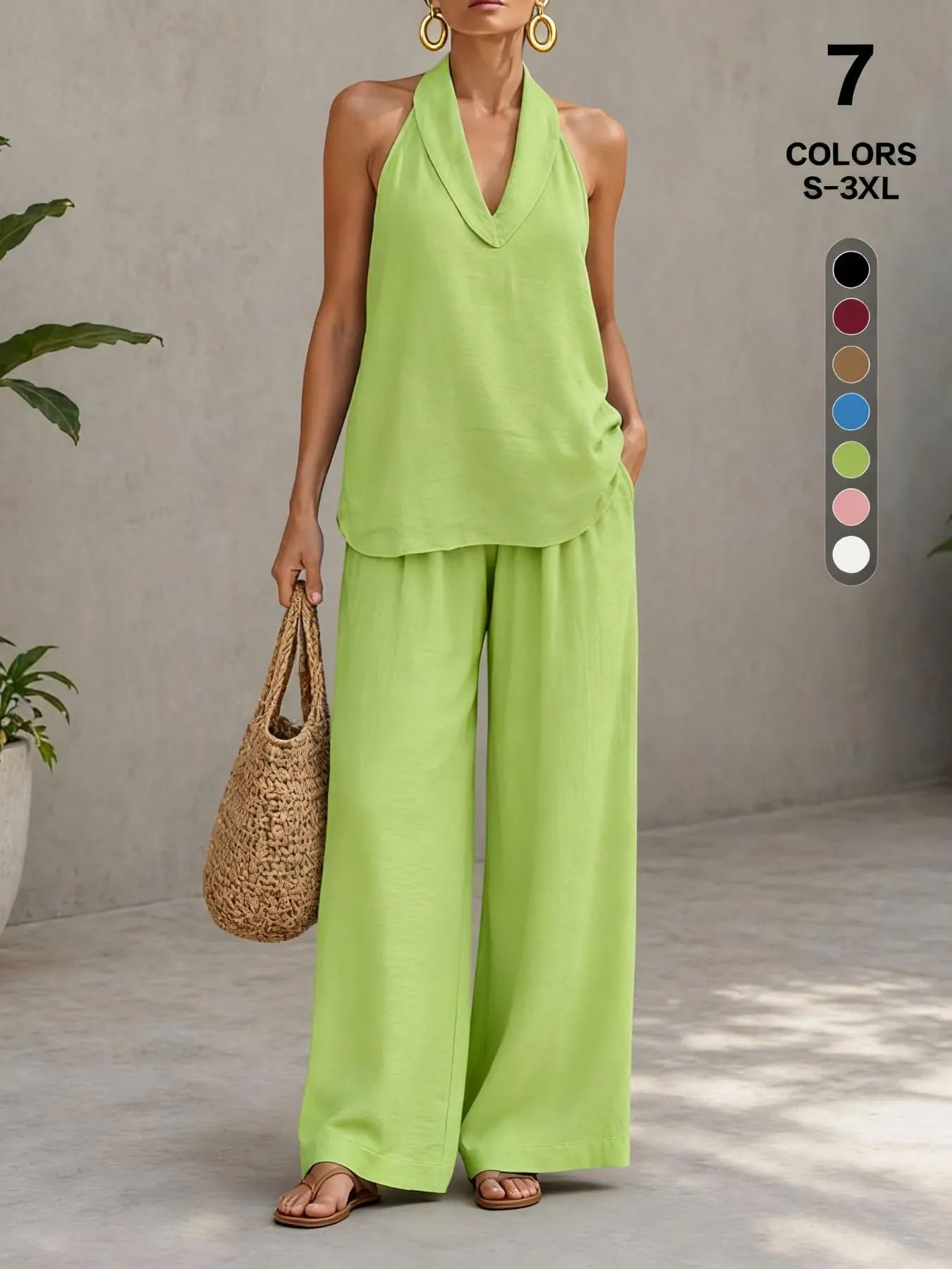 Comfy Chic Women's Summer Faux Linen Halter  V-Neck Top & High Waist Wide Leg Pants Set - Breathable Everyday Urban Lounge Wear for Going Out