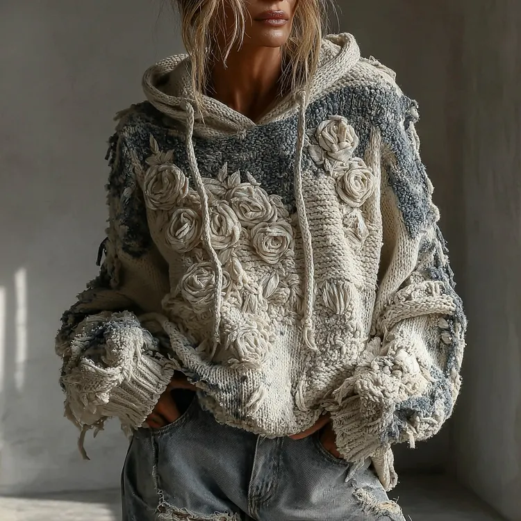 Women's Vintage White Rose Chunky Knit Hoodie Sweater
