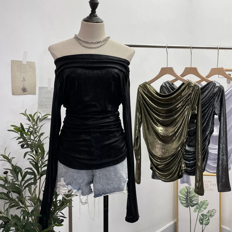 Uveng Real Shooting Stacking Long-Sleeved Pile Folded Shoulder T-Shirt Metal-Sclide T-Shirt 8888