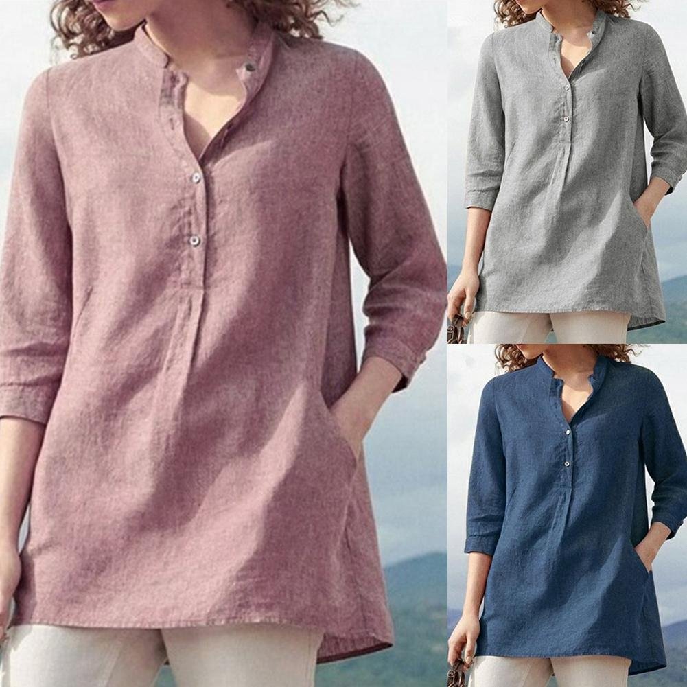 Casual Women Solid Color 3/4 Sleeve Pockets Buttons Cotton Linen Plus Size Shirt Solid color easy to pair with variety of pants