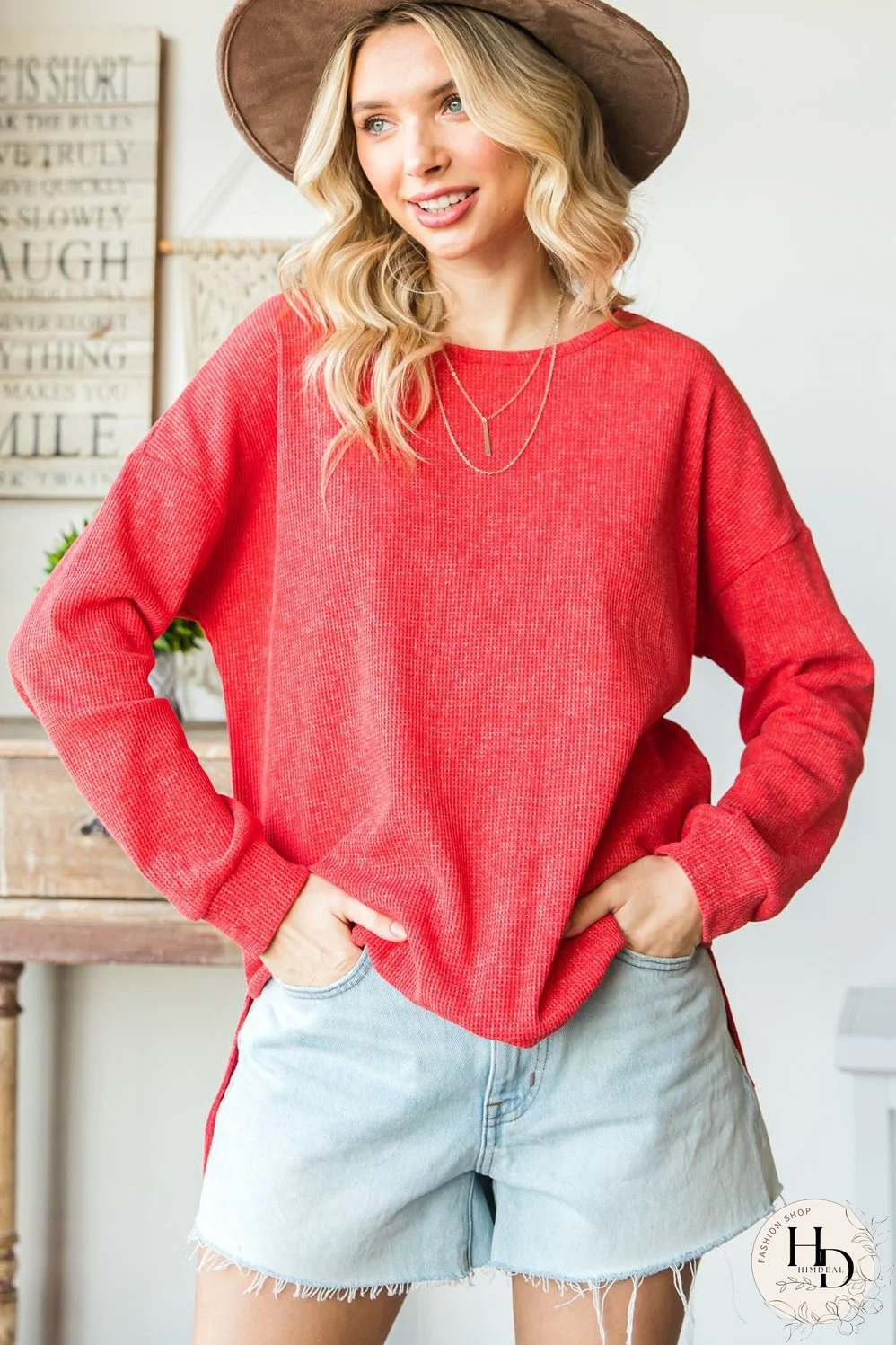 Washed Red Waffle Knit Side Slit Long Sleeve Top