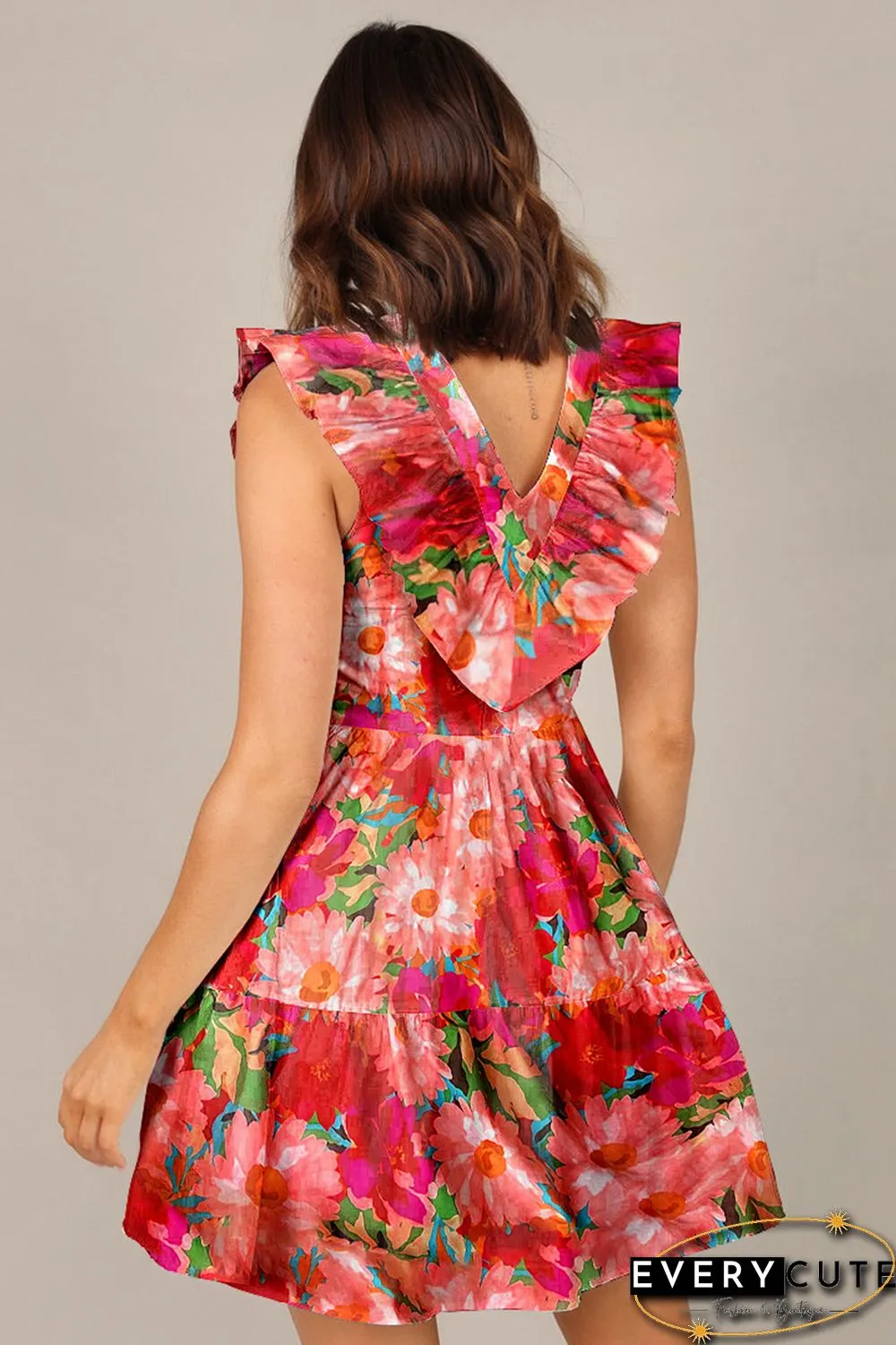 Red Floral Sleeveless V Neck Frill Mini Dress