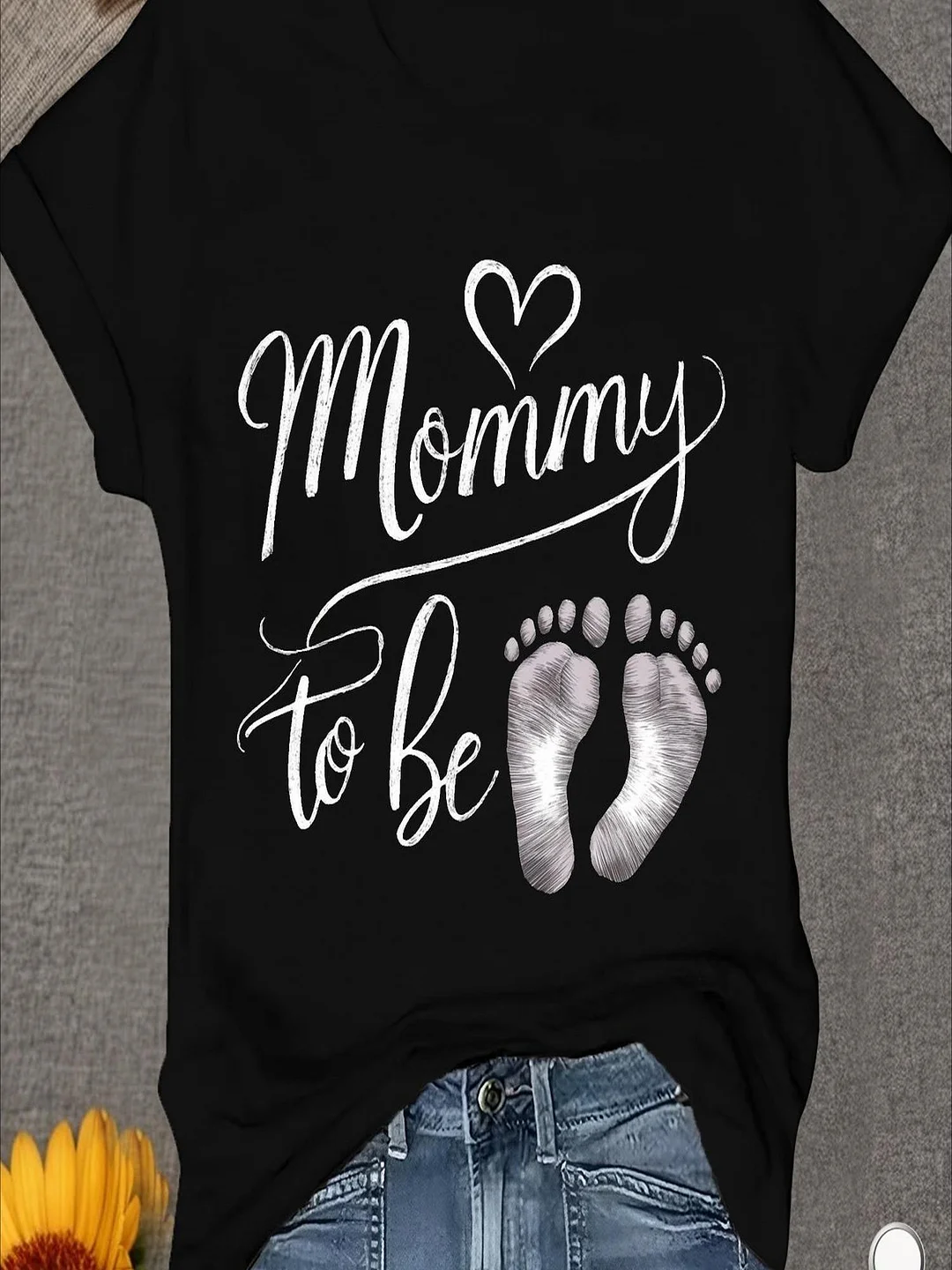 Plus Size, "Almost Becoming A Mom" Women's Soft T-Shirt- Comfortable Casual Style, Designed With Footprints, Black, Multiple Colors Available, Maternity Clothing | Fun Print T-Shirt | Quick-Drying Maternity Wear | IFYHOME