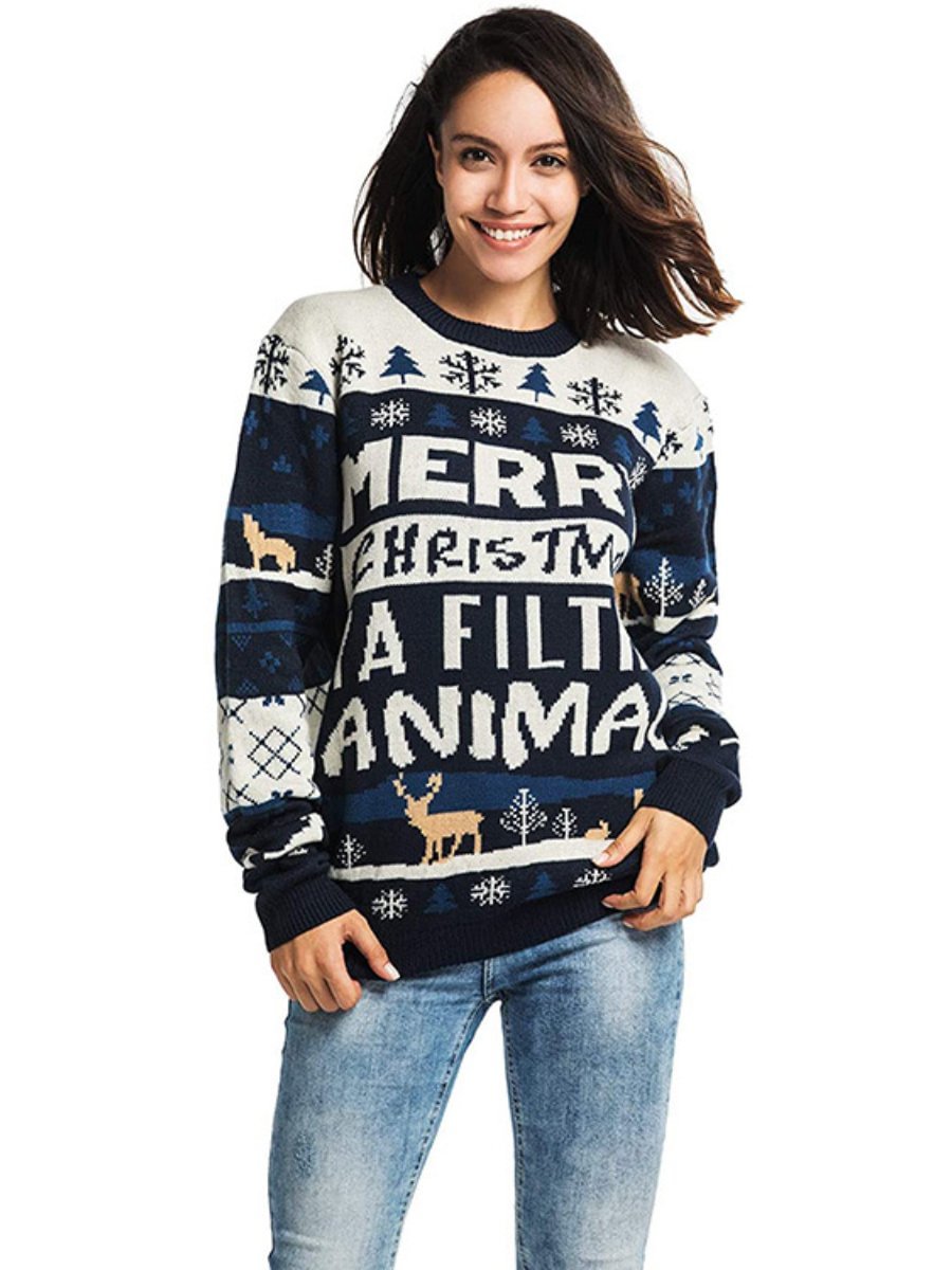 Christmas Sweater Round Neck Reindeer Print Long Sleeve Knitted Sweaters