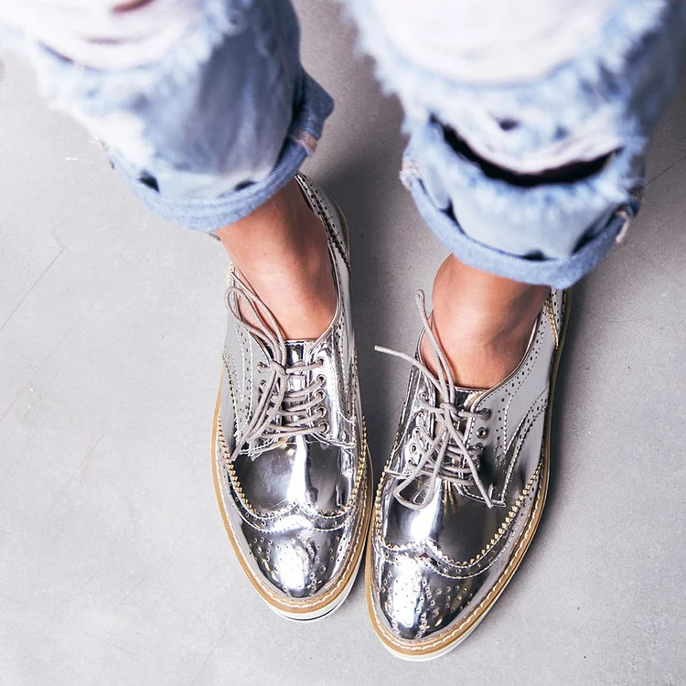 Silver Vintage Lace-up Flats Vdcoo