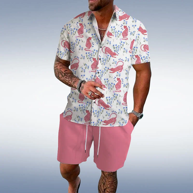 BrosWear Casual Leopard Print Shirt And Shorts Co-Ord