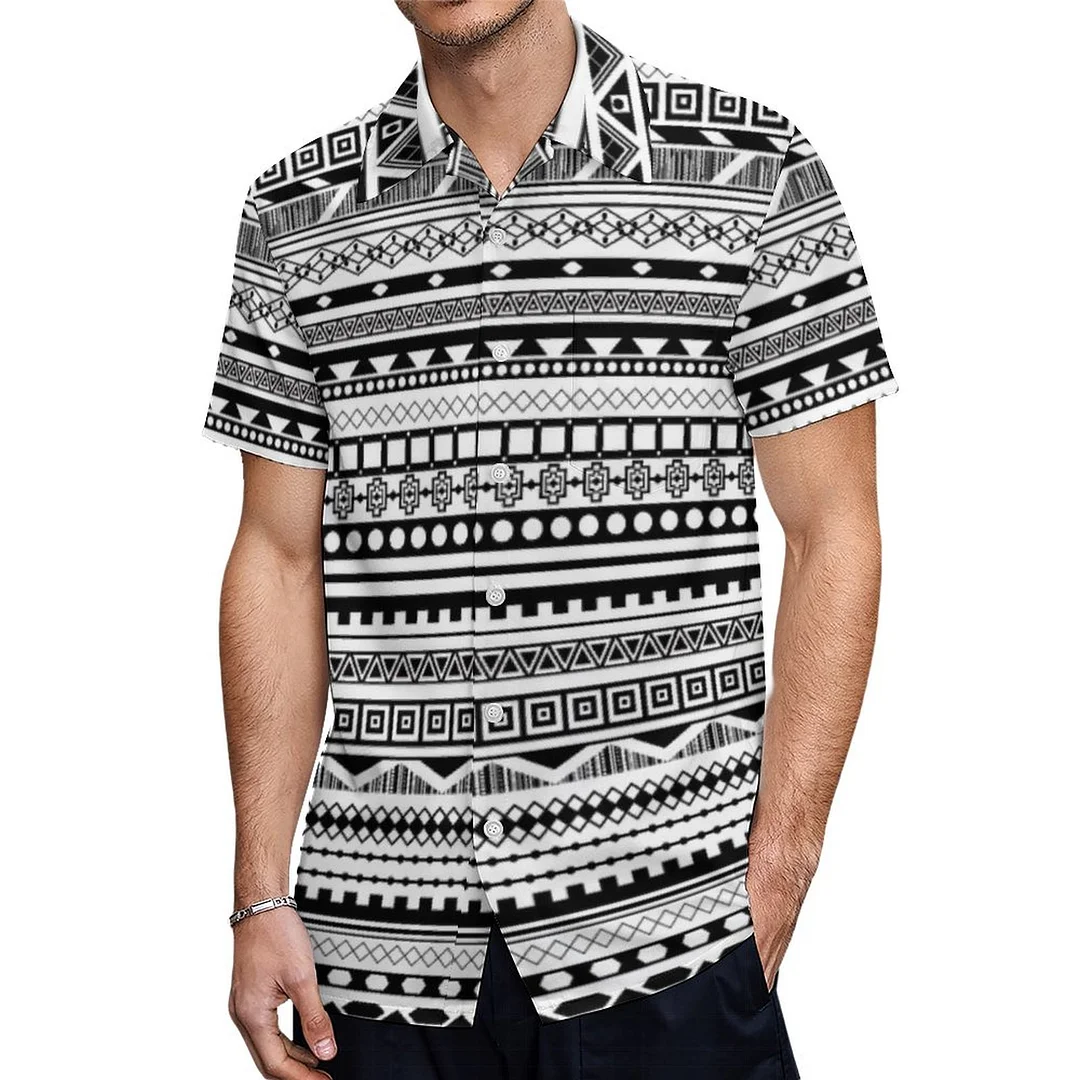 Short Sleeve Black White Aztec Hawaiian Shirt Mens Button Down Plus Size Tropical Hawaii Beach Shirts