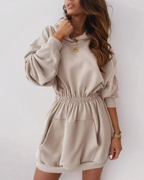 casual hooded long sleeve fleece sweatshirt dress with pockets p546415