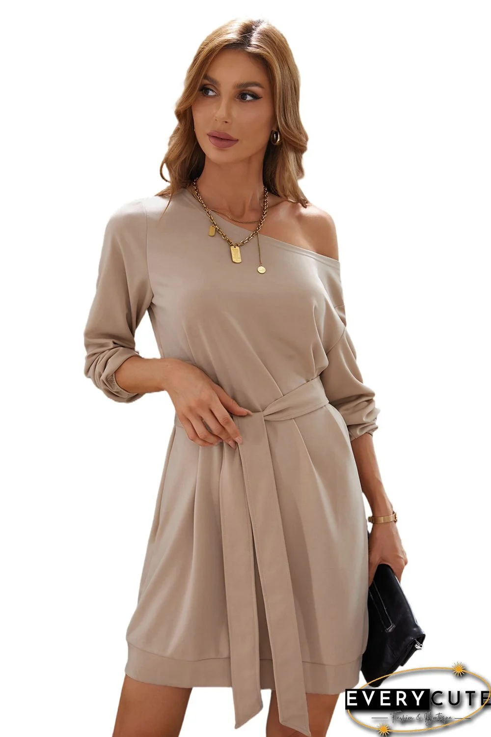 Khaki Crewneck Long Sleeve Belted Casual Mini Dress