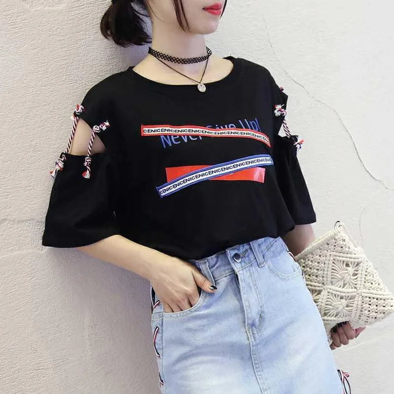 Harajuku Hollow Out Print Women's T-shirt Tops O-neck Short Sleeve Lace Up Women Tshirt 2021 Summer Sweety Casual Tees Clothing 1029