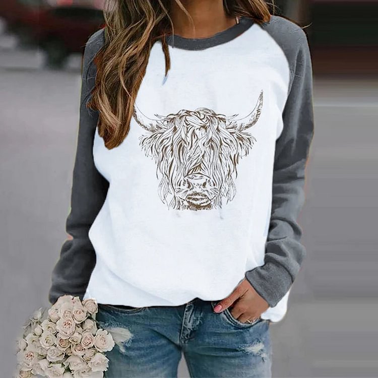 VChics Highland Cow Color Block Print Casual Sweatshirt