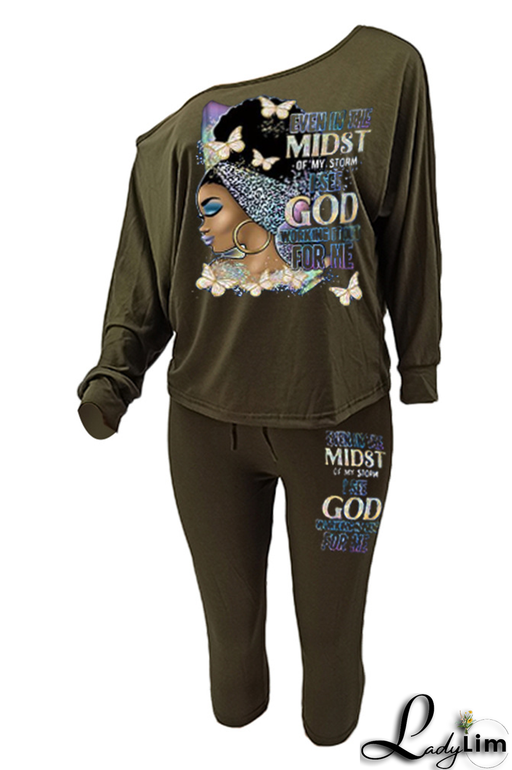 Black Fashion Print Patchwork One Shoulder Long Sleeve Two Pieces