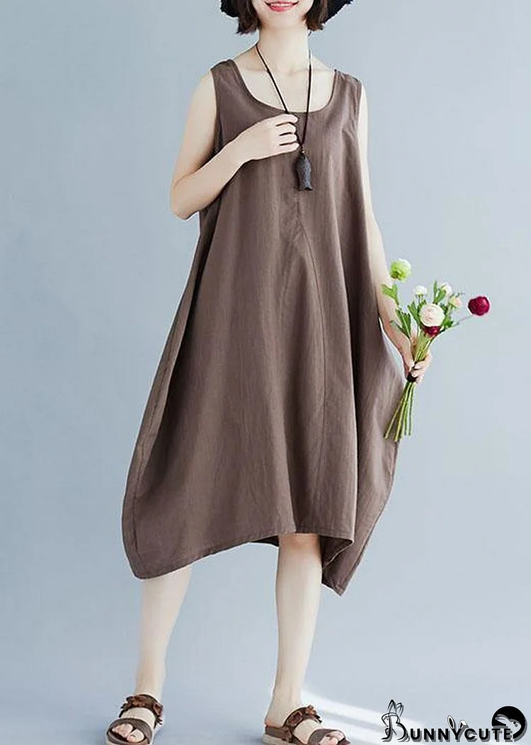 Bohemian o neck linen quilting dresses Fashion Ideas khaki sleeveless Dress summer