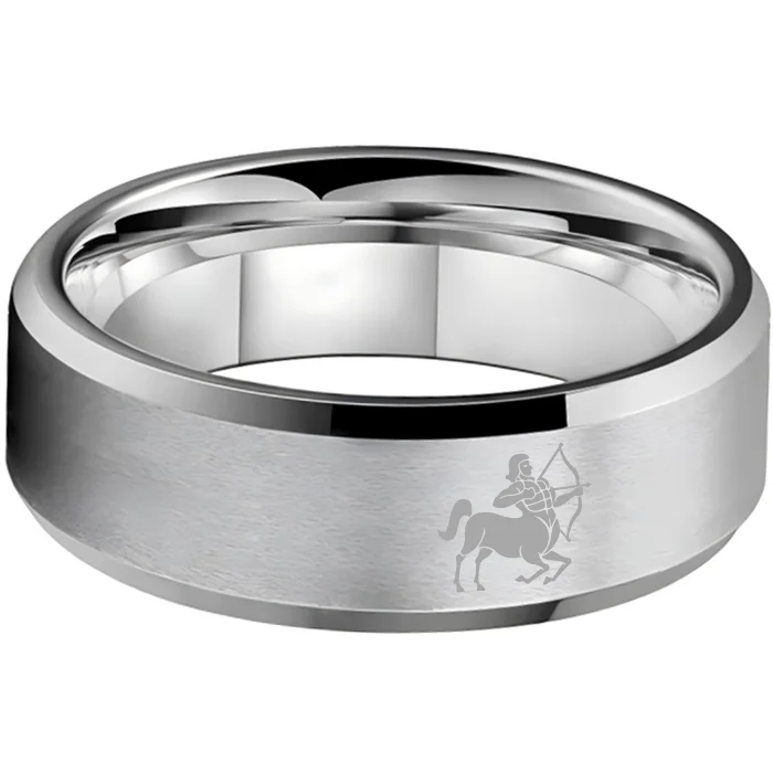 Sliver Sagittarius Couple Wedding Bands Beveled Edges Sliver Laser Etched Tungsten Carbide Ring 4MM 6MM 8MM