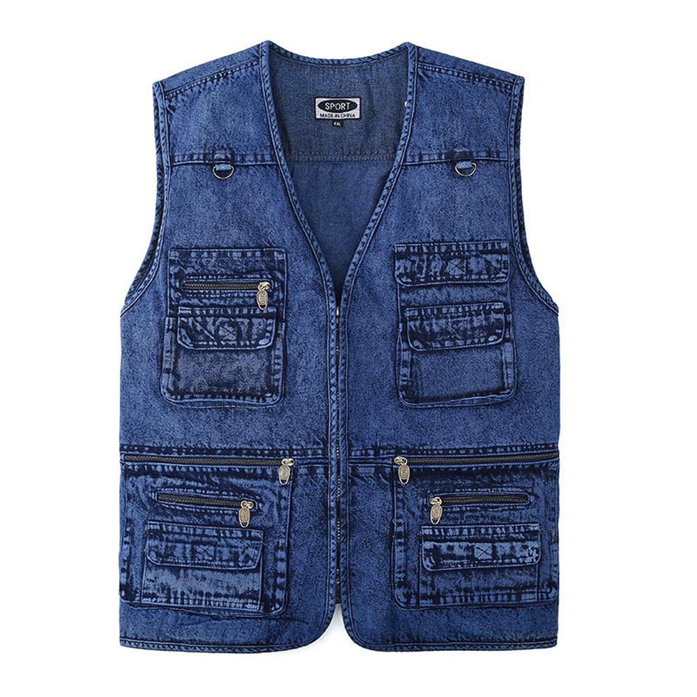 Men's Vest Outerwear Denim Waistcoat Deep Blue Color Sleeveless Jacket Multi-pocket Trucker Biker Jeans Jacket Waistcoat Gilet