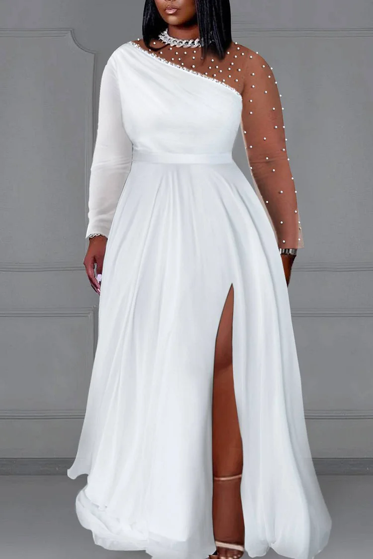 Xpluswear Design Plus Size Prom Black Round Neck Long Sleeve Split Pearls Maxi Dresses
