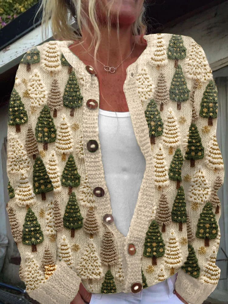 Christmas Tree Embroidery Pattern Cozy Knit Cardigan