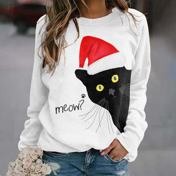 Christmas Cat Print Crew Neck Casual Sweatshirt