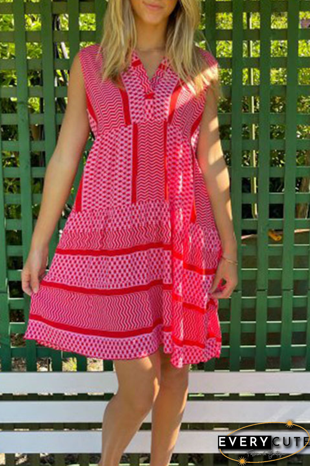 Casual Print Split Joint V Neck Straight Dresses(4 colors)