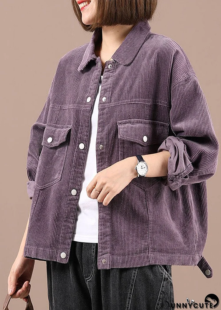 Boho Purple Peter Pan Collar Pockets Button Fall Coat Long Sleeve