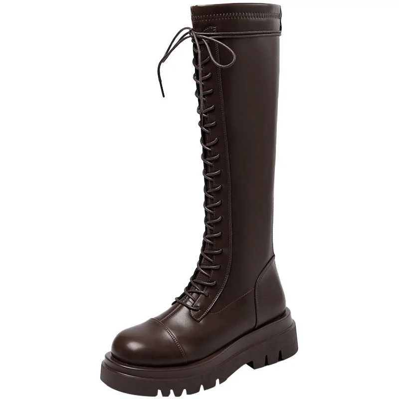 BlWBYL l35-40 Stretch Boots Women Lace Up Platform Boots High Quality Microfiber Leather Mid Calf Boots for Women