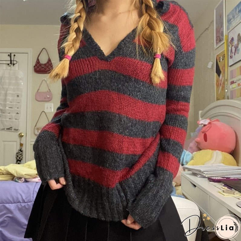 Joskaa Kawaii Striped Knitted Sweaters Women Elegant Oversized Pullovers Harajuku Sweater Tops Punk Fairy Grunge Streetwear