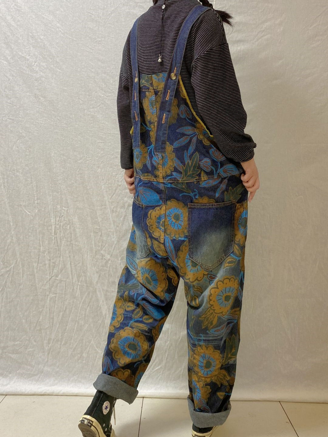 Women's Hole Floral Printed Casual Retro Cropped Workwear Denim Overalls Jumpsuit