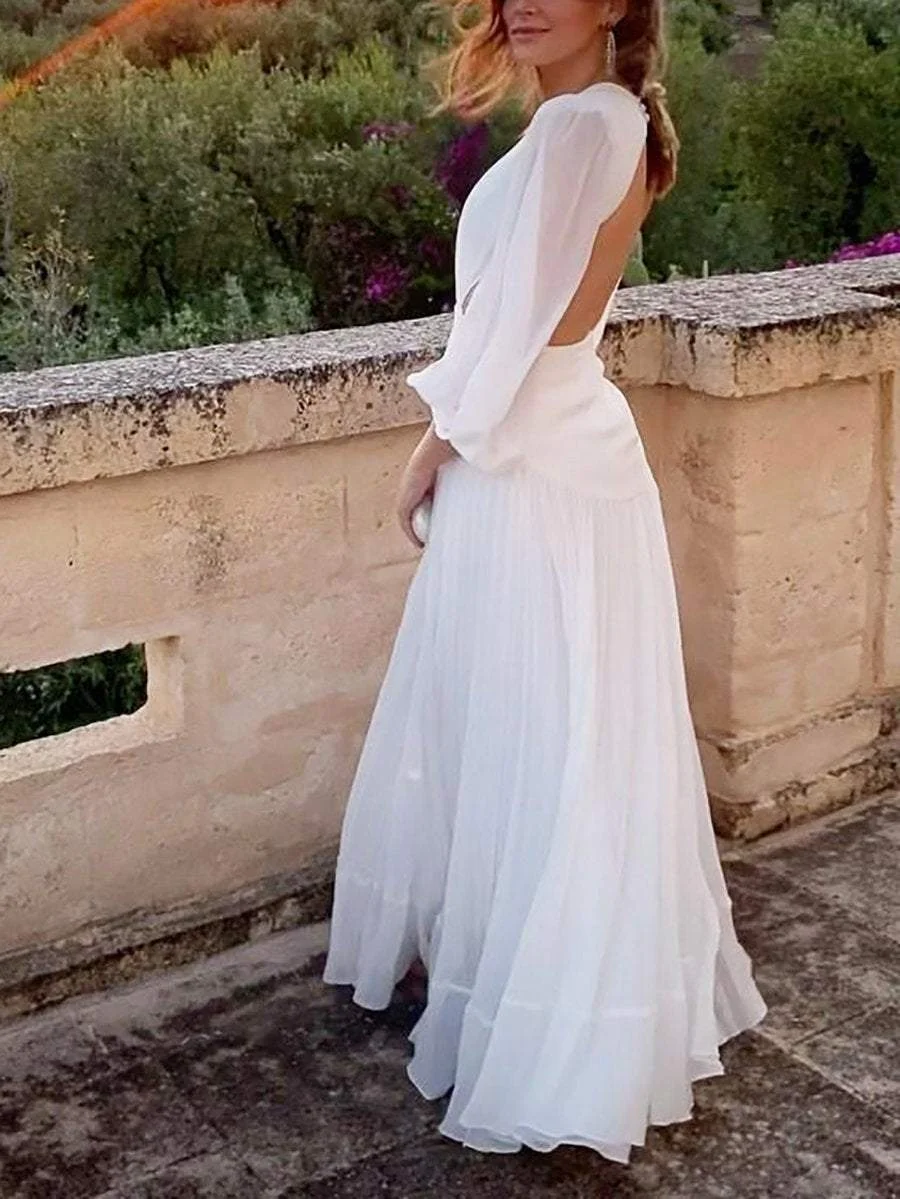 V-neck backless maxi pleated dress