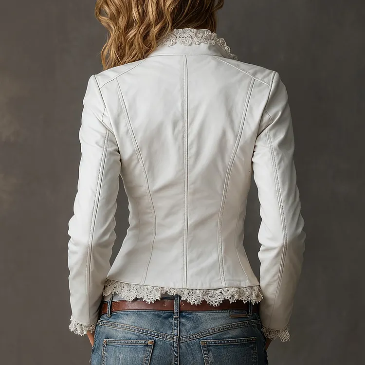 Ursime Turndown Collar Long Sleeve Lace Trim Zipper PU Jacket