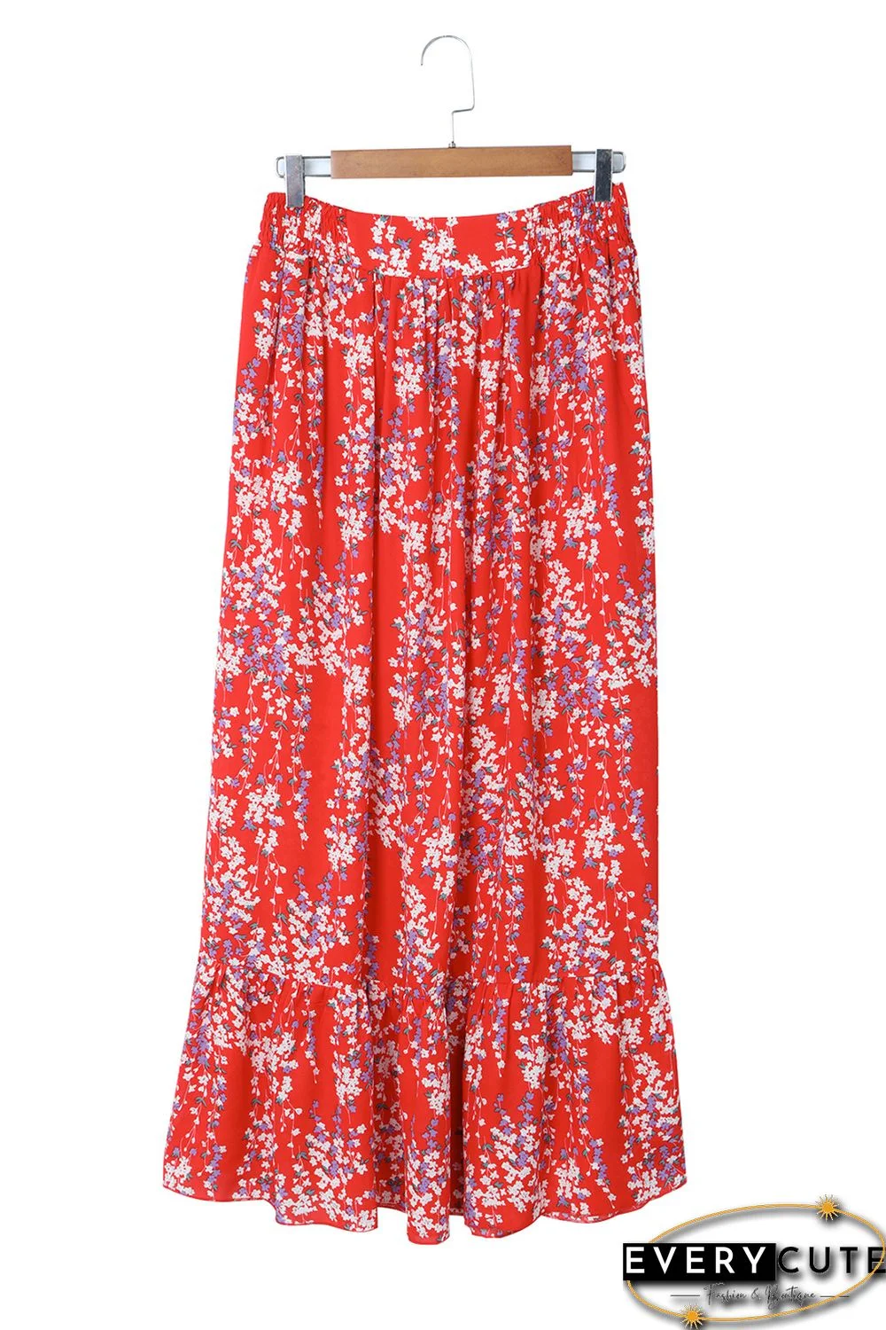 Red Multicolor Floral Ruffled Crop Top and Maxi Skirt Set