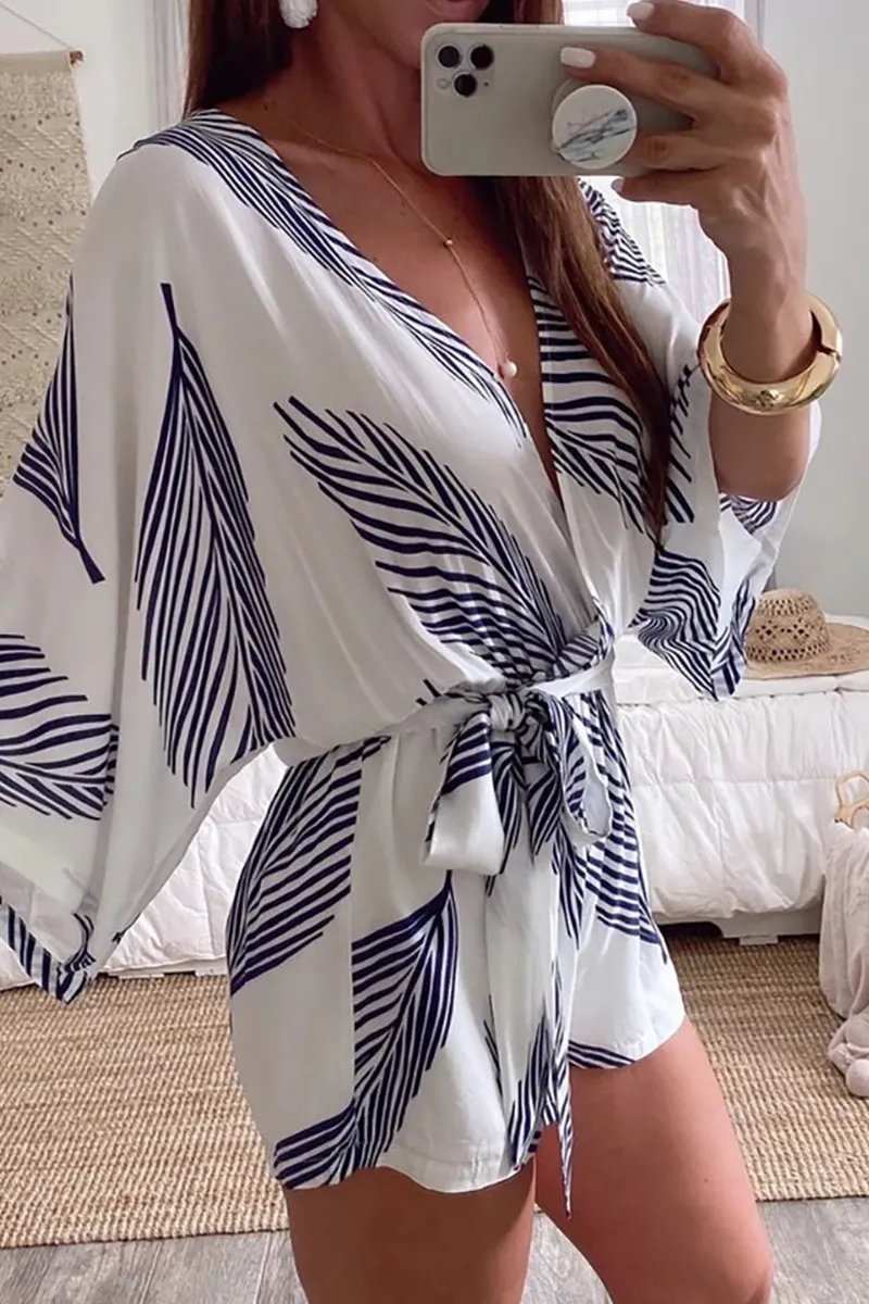 Casual Print Split Joint V Neck Straight Jumpsuits