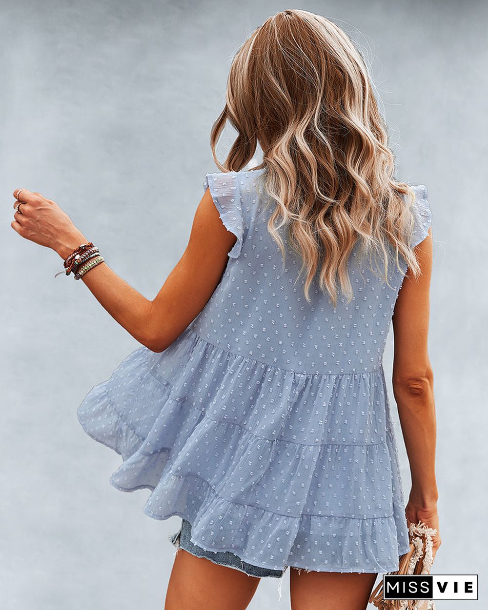 Ruffle Cap Sleeve V Neck Swiss Dot Tank Tops