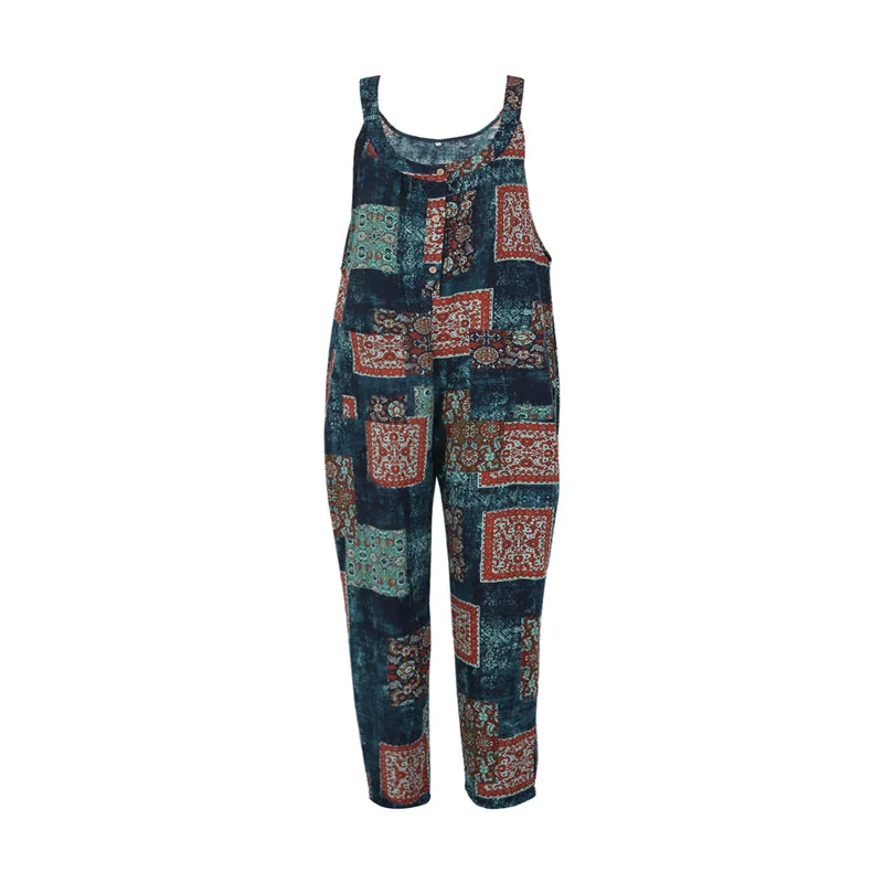 Women Summer Baggy Retro Jumpsuit Vintage Printed Loose Casual Sleeveless Overall Long Romper Playsuit Trousers Pants