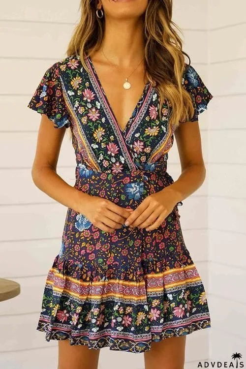 Floral Print Short Sleeve Mini Dress