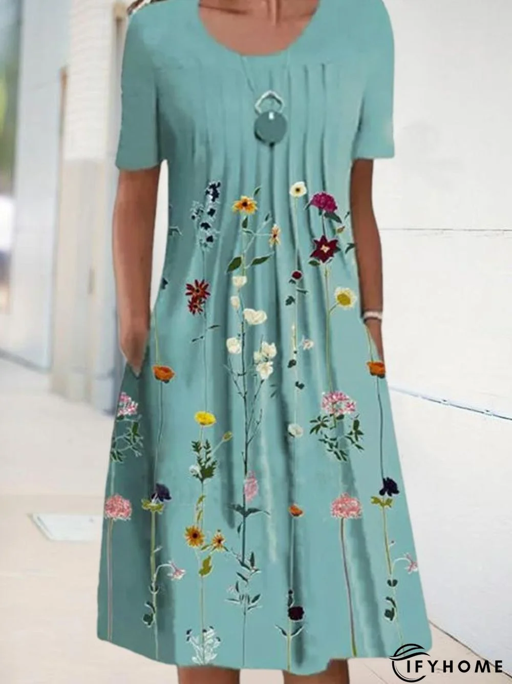 Floral Tunic Round Neckline Midi A-line Dress | IFYHOME