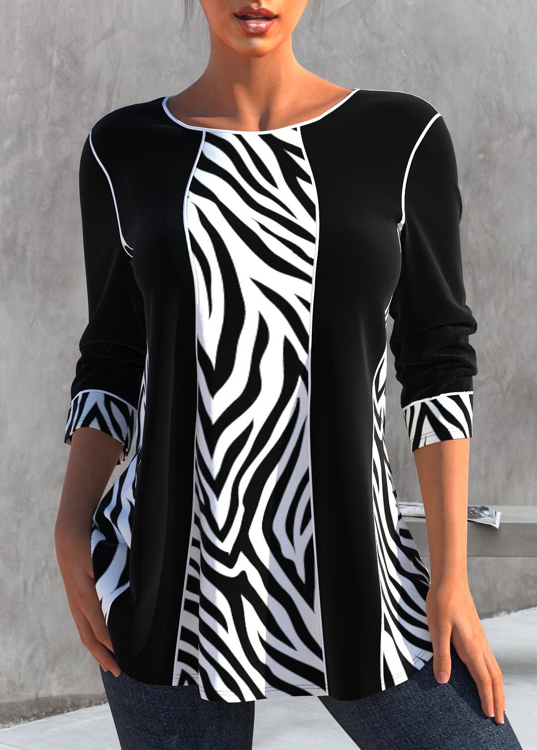Zebra Print Black 3/4 Sleeve T Shirt