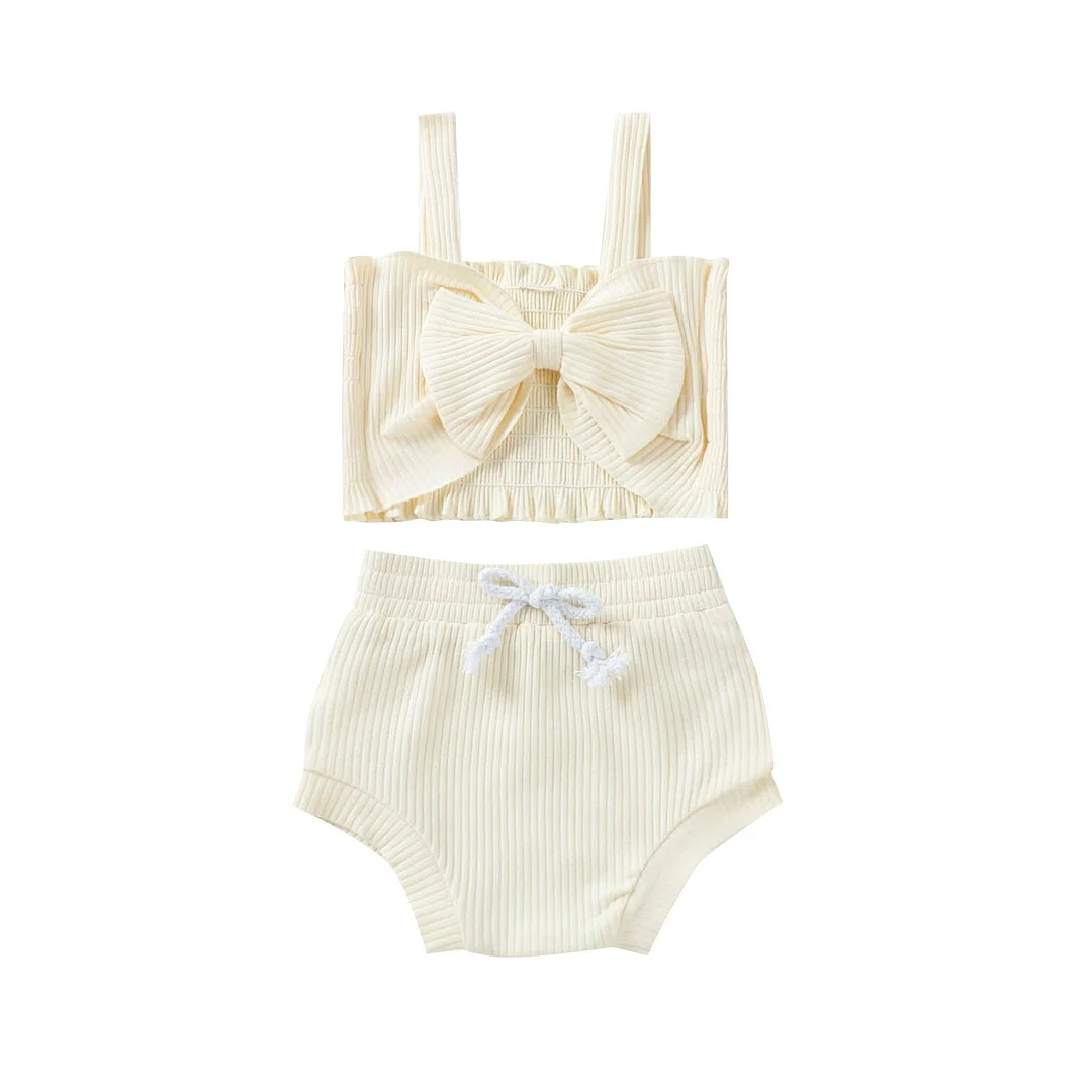 Baby Girls 2PCS Summer Outfits, Sleeveless Bow Front Rib Knit Tank Tops + Shorts Set