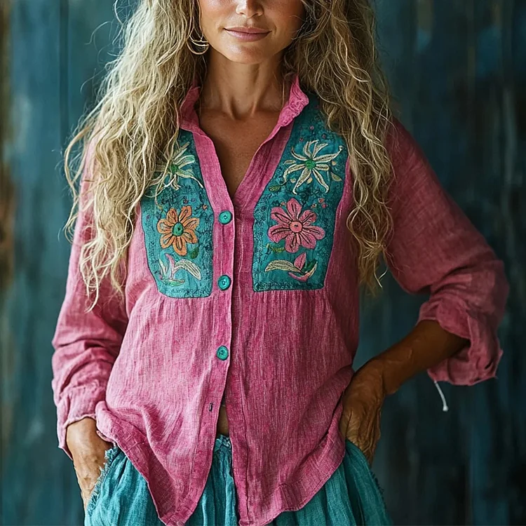 Women's Linen Bohemian Flower Contrasting Color Long-sleeved Shirt