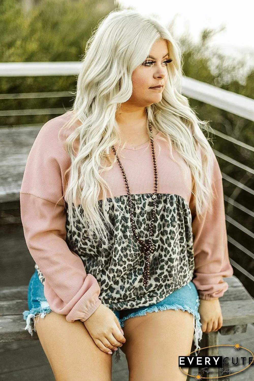Pink V Neck Waffle Knit Leopard Splicing Plus Size Top