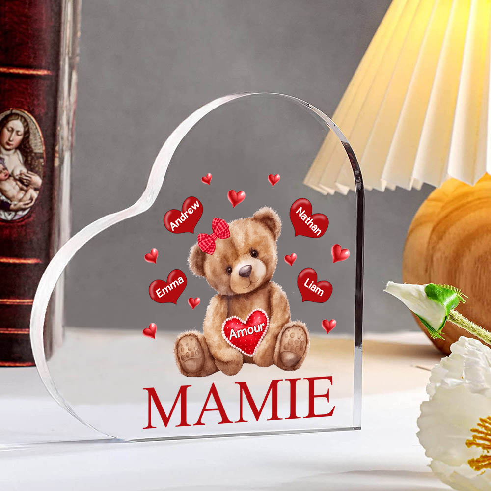 À ma Maman/Mamie - Plaque Acrylique Ours en Forme de Cœur 4 Prénoms Personnalisés avec 1 Texte