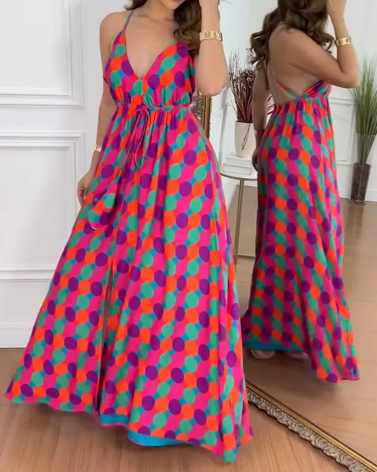 Women's printed halter back holiday dress