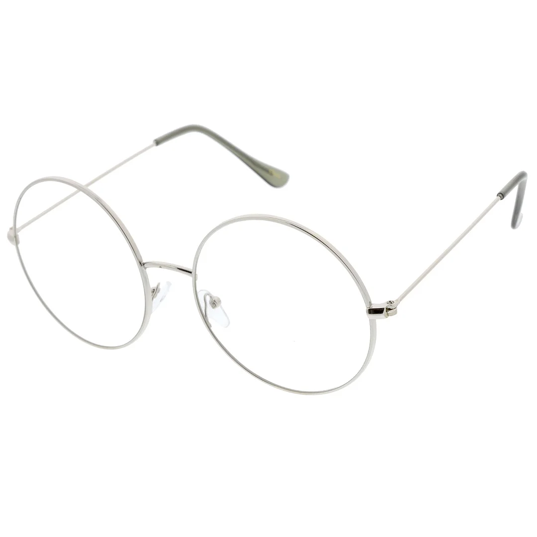 Classic Oversize Slim Metal Frame Clear Flat Lens Round Eyeglasses 56mm