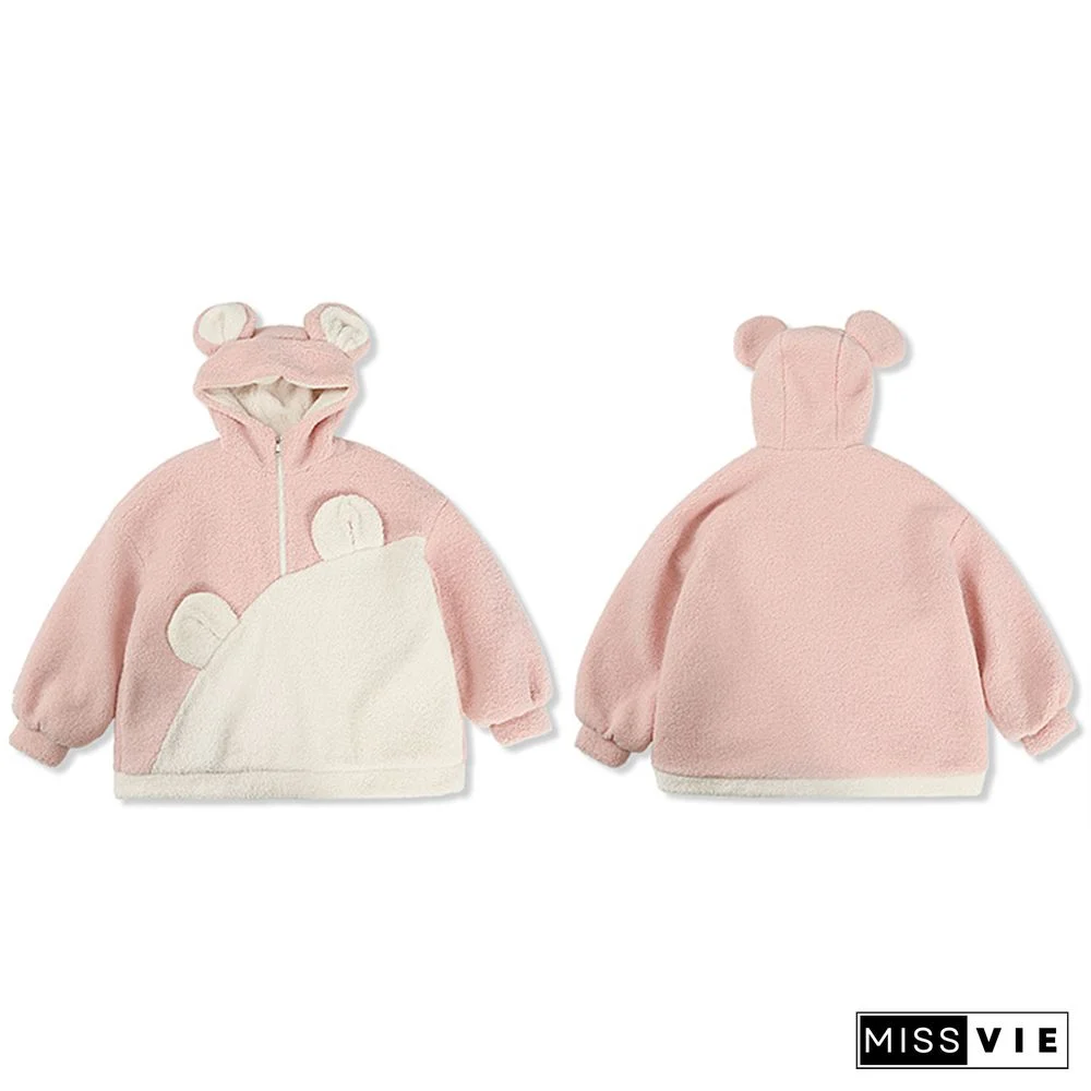 Cartoon Bear Ears Zipper Colorblock Loose Hoodie