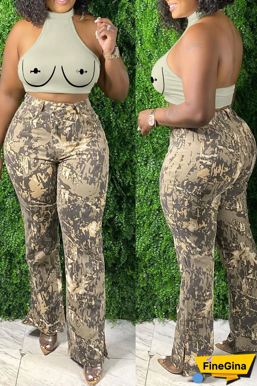 Brick Red Sexy Print Patchwork O Neck Tops