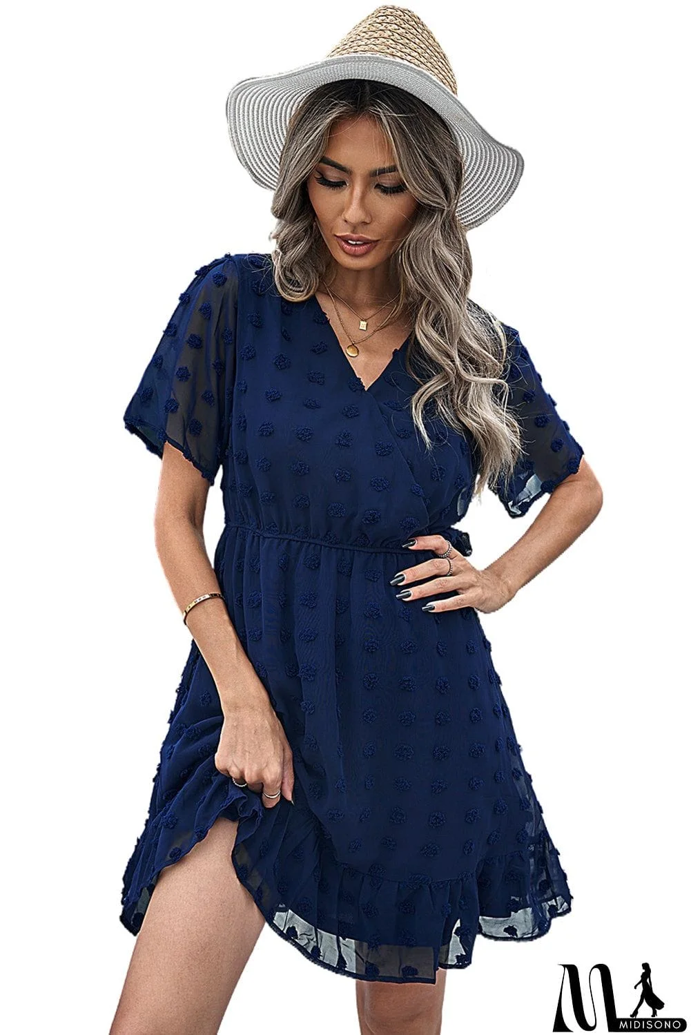 MidiSono - Wrap V Neck Swiss Dot Mini Dress with Ruffles