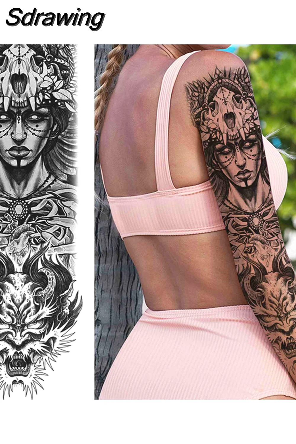Sdrawing Totem Temporary Tattoo Sleeve For Men Women Adult Fake Flower Shoulder Tatoos Sticker Black Skull Tattoos Big Full Arm 521-0