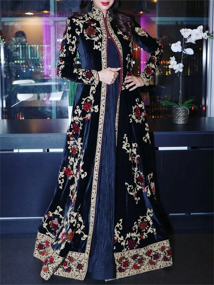 Vintage Velvet Long Sleeve Front Opened Floral Pattern Long Coat